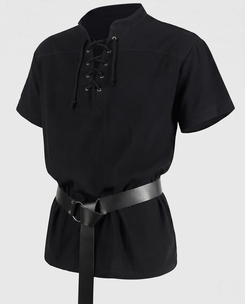 Damen Mittelalterliche Tunika Hemd mit Schnürung und Ledergürtel Nord Taschen