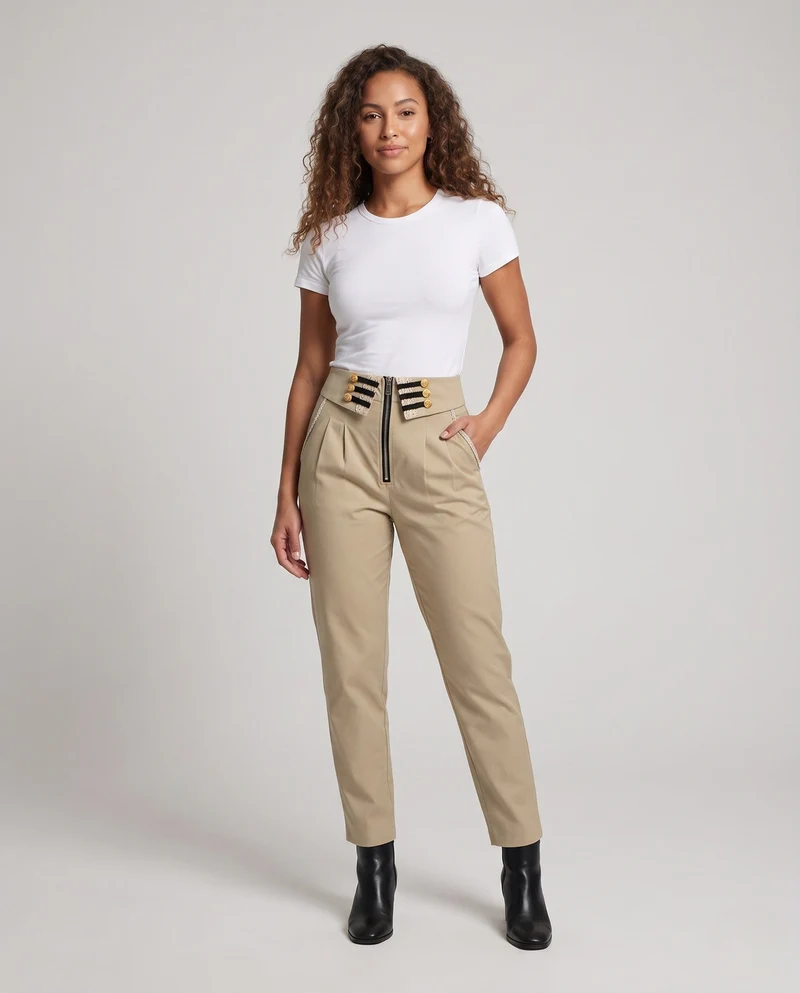 Damen modische hoch taillierte Hose mit dekorativen Knöpfen und Reißverschluss Nord Taschen