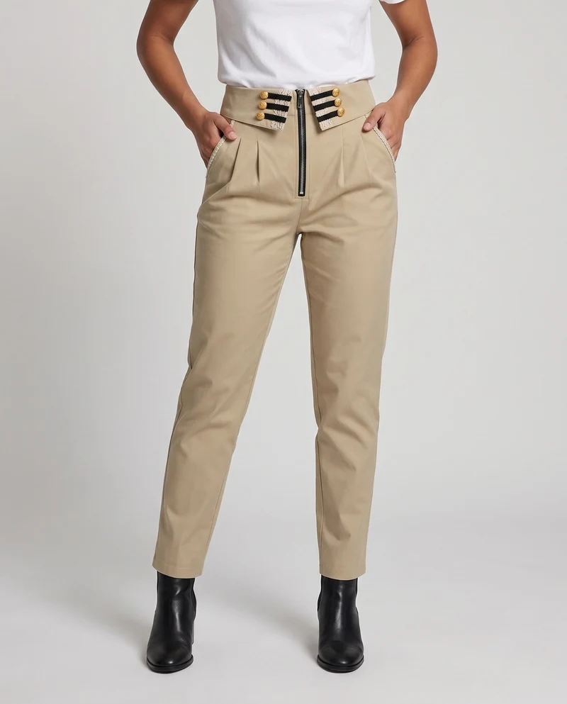 Damen modische hoch taillierte Hose mit dekorativen Knöpfen und Reißverschluss Nord Taschen