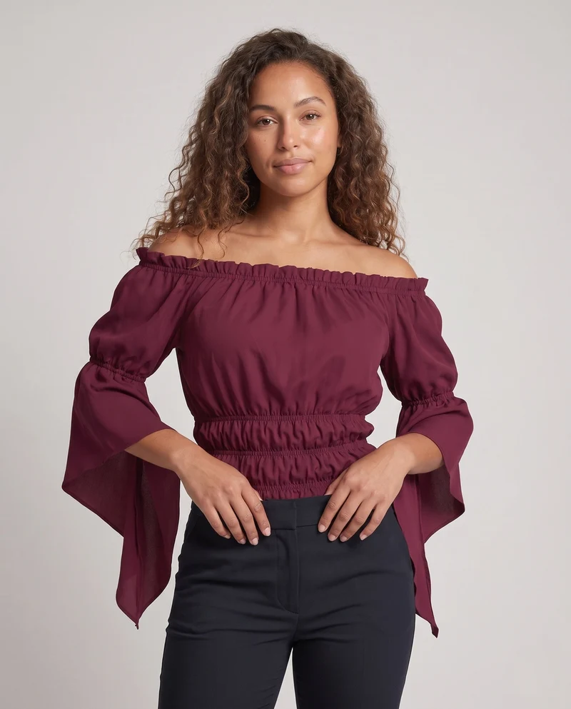 Damen Off-Shoulder Bluse mit Rüschensleeves und elastischem Band Nord Taschen