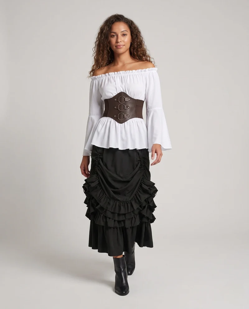 Damen Off-Shoulder Bluse mit Rüschensaum und tailliertem Korsett Kleid