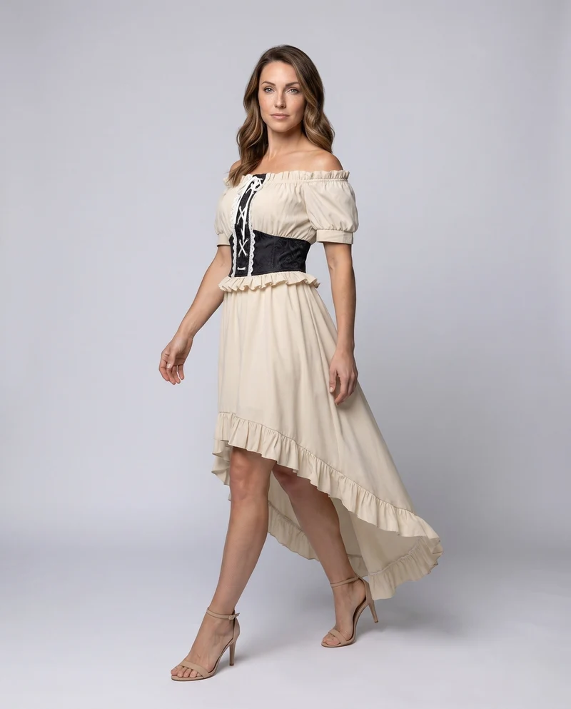 Damen Off-Shoulder Maxi Kleid mit Rüschen und Detail Nord Taschent Schnürbund Nord Taschen