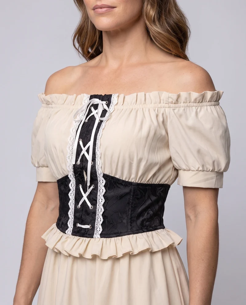 Damen Off-Shoulder Maxi Kleid mit Rüschen und Detail Nord Taschent Schnürbund Nord Taschen