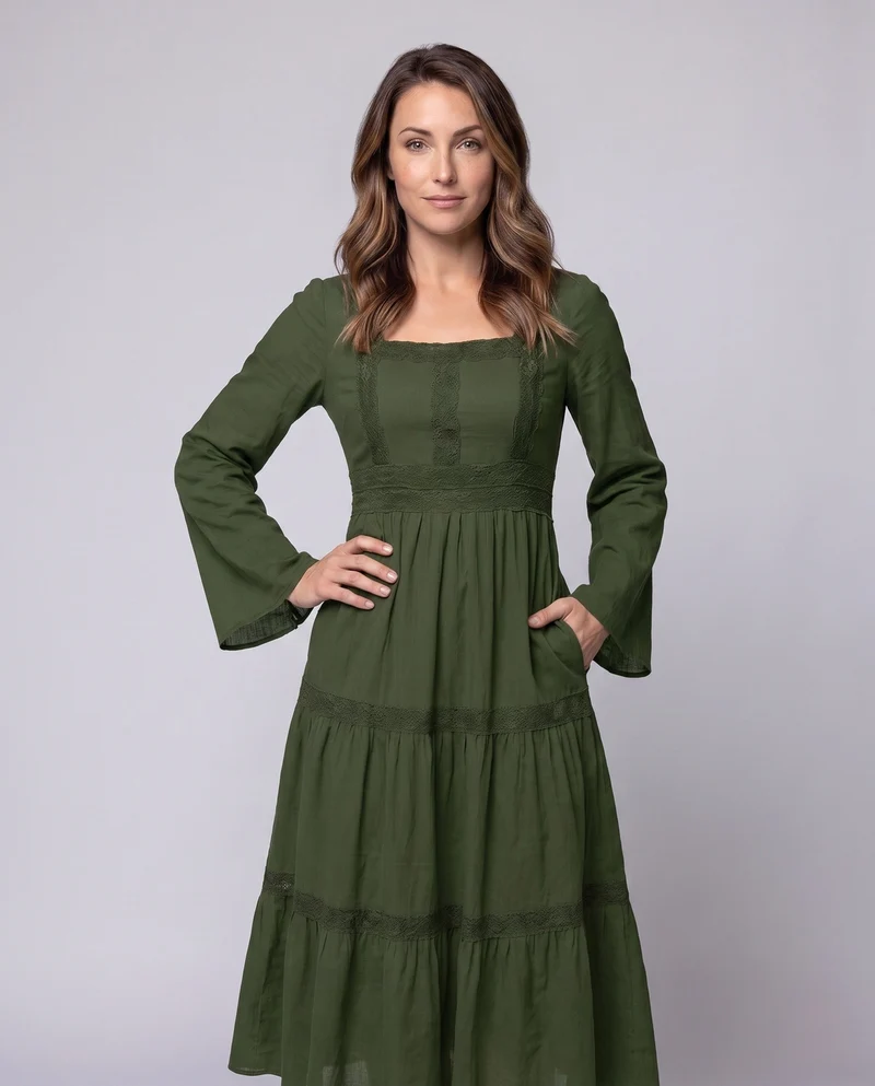 Damen Romantisches Boho Maxi Kleid mit Weiten Ärmeln und Spitzenakzenten Nord Taschen