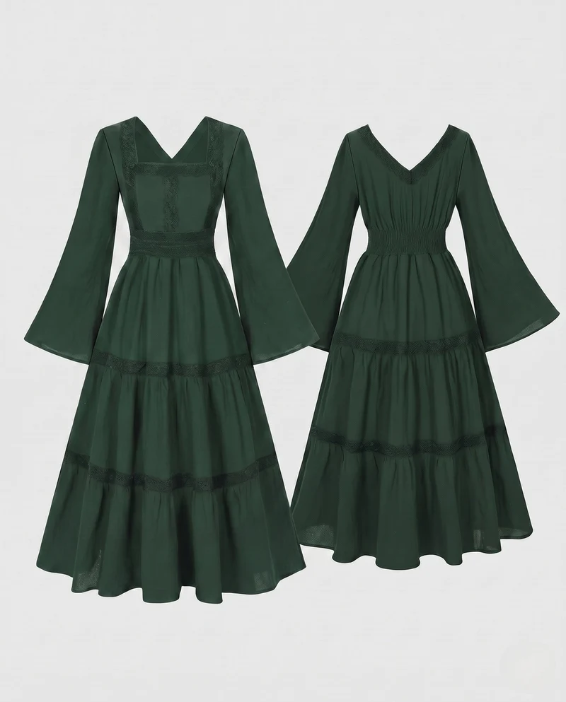 Damen Romantisches Boho Maxi Kleid mit Weiten Ärmeln und Spitzenakzenten Nord Taschen