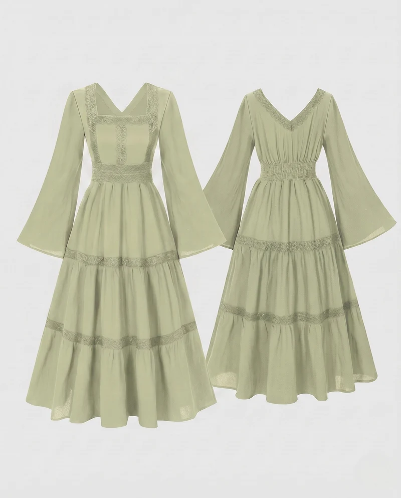 Damen Romantisches Boho Maxi Kleid mit Weiten Ärmeln und Spitzenakzenten Nord Taschen