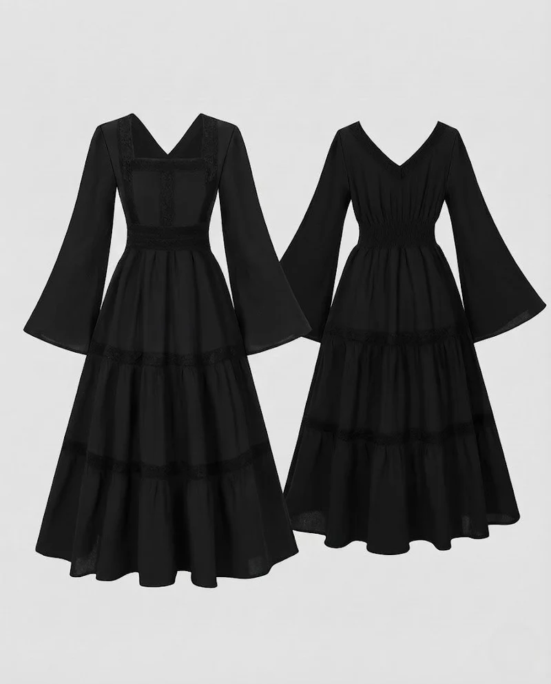 Damen Romantisches Boho Maxi Kleid mit Weiten Ärmeln und Spitzenakzenten Nord Taschen