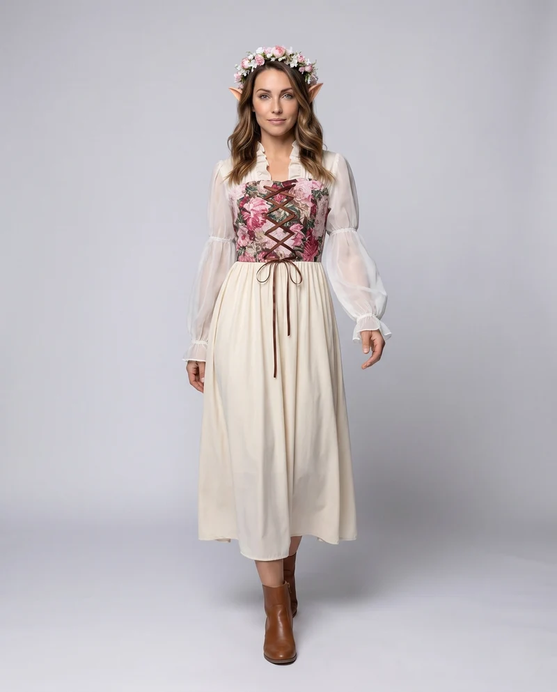 Damen romantisches Maxikleid mit floralem Design und transparenten Puffärmeln Nord Taschen