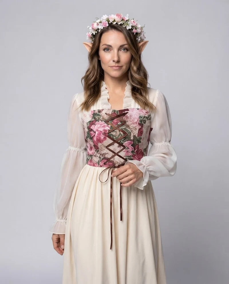 Damen romantisches Maxikleid mit floralem Design und transparenten Puffärmeln Nord Taschen