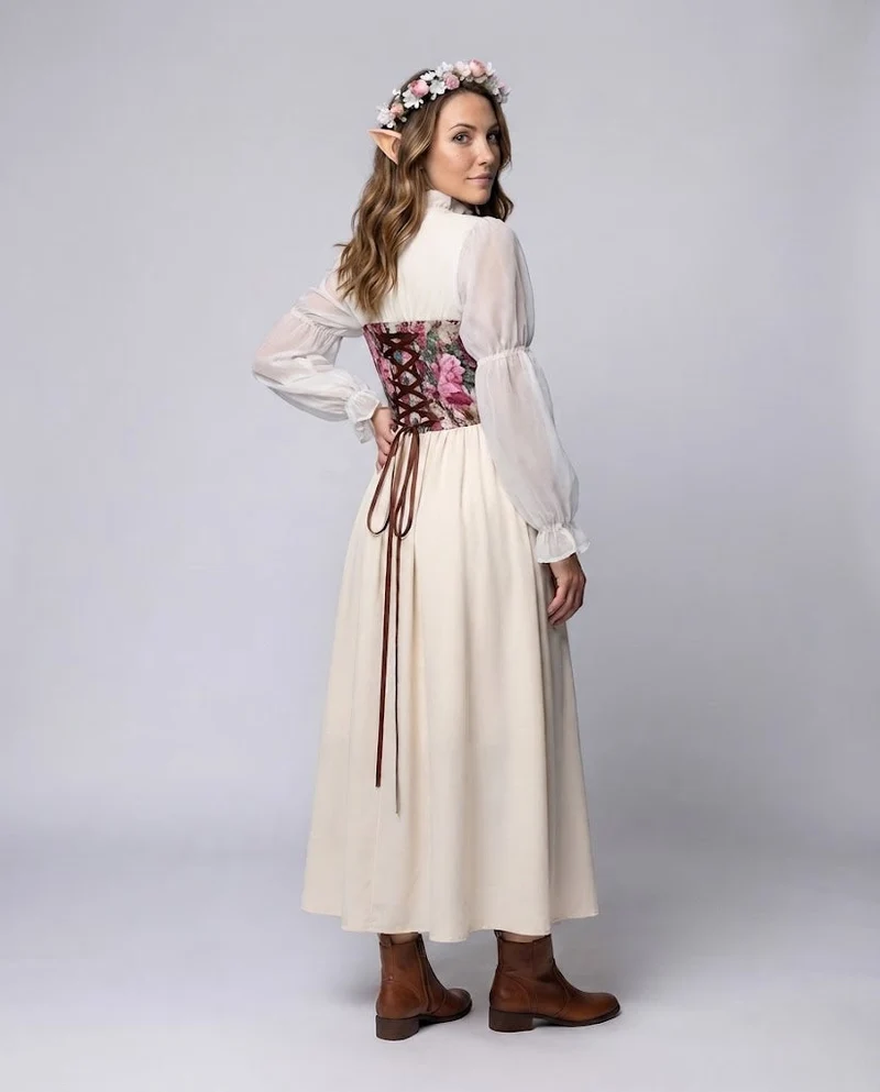 Damen romantisches Maxikleid mit floralem Design und transparenten Puffärmeln Nord Taschen