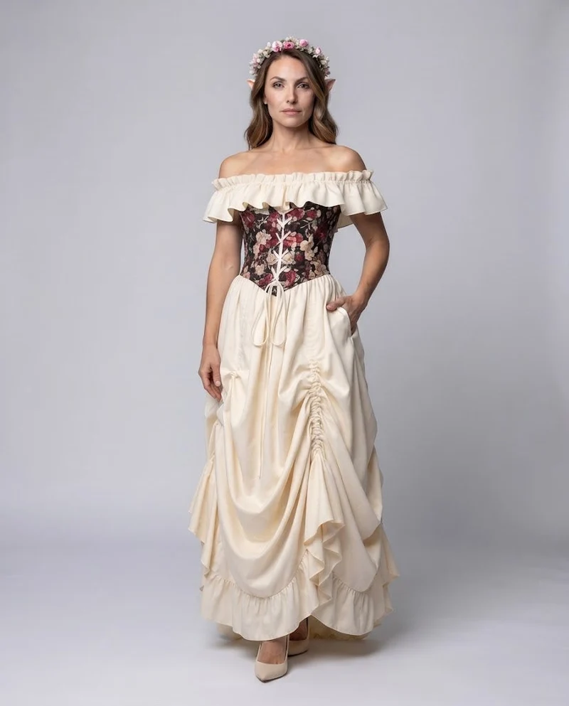 Frauen romantisches Maxi-Kleid mit Rüschen und floralem Oberteil Nord Taschen