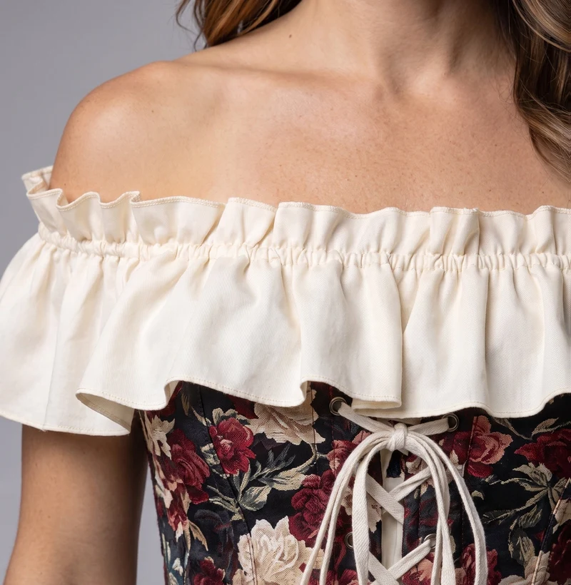 Frauen romantisches Maxi-Kleid mit Rüschen und floralem Oberteil Nord Taschen