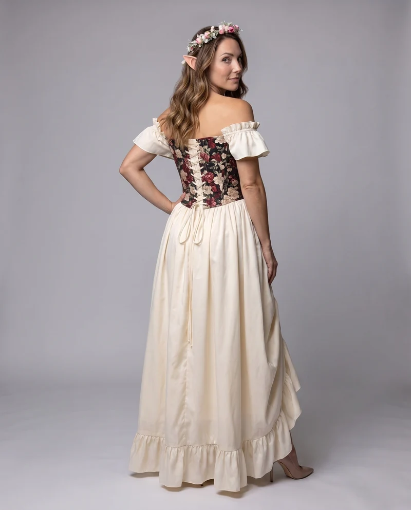 Frauen romantisches Maxi-Kleid mit Rüschen und floralem Oberteil Nord Taschen