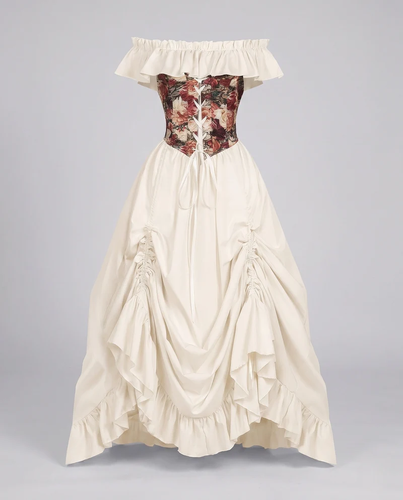 Frauen romantisches Maxi-Kleid mit Rüschen und floralem Oberteil Nord Taschen