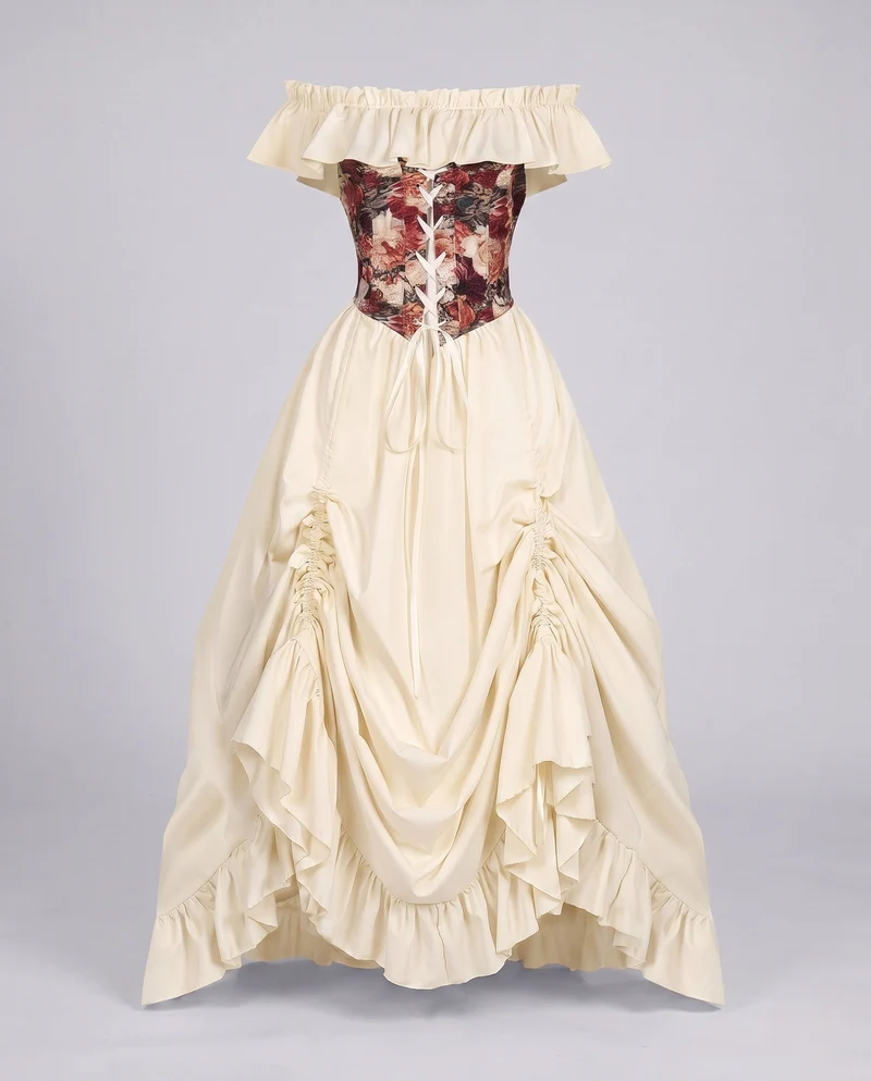 Frauen romantisches Maxi-Kleid mit Rüschen und floralem Oberteil Nord Taschen