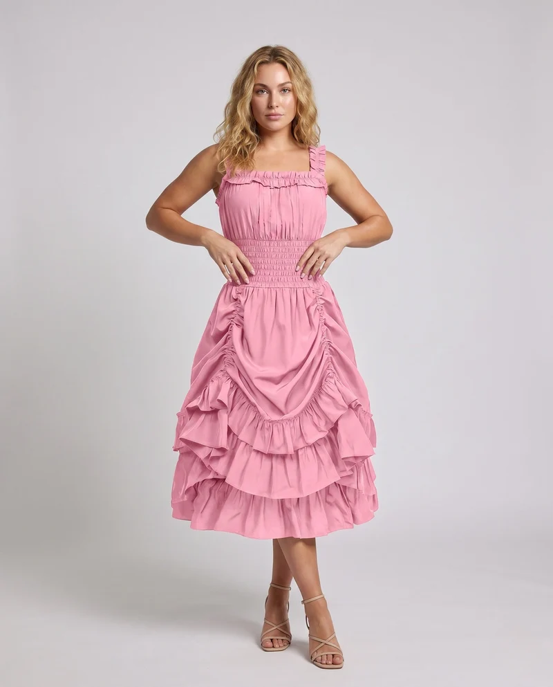 Damen Rüsch Maxi Kleid mit elastischem Oberteil und voluminösem Rock Nord Taschen