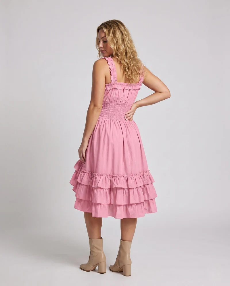 Damen Rüsch Maxi Kleid mit elastischem Oberteil und voluminösem Rock Nord Taschen