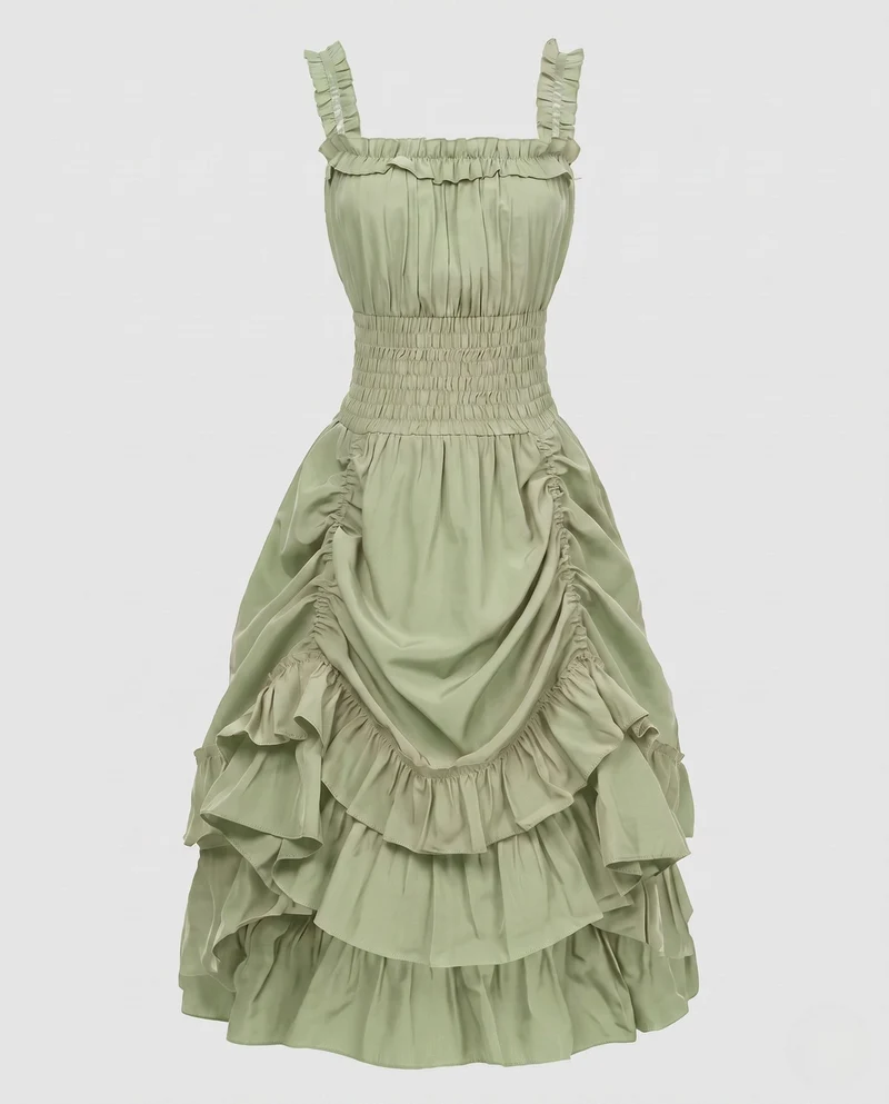 Damen Rüsch Maxi Kleid mit elastischem Oberteil und voluminösem Rock Nord Taschen