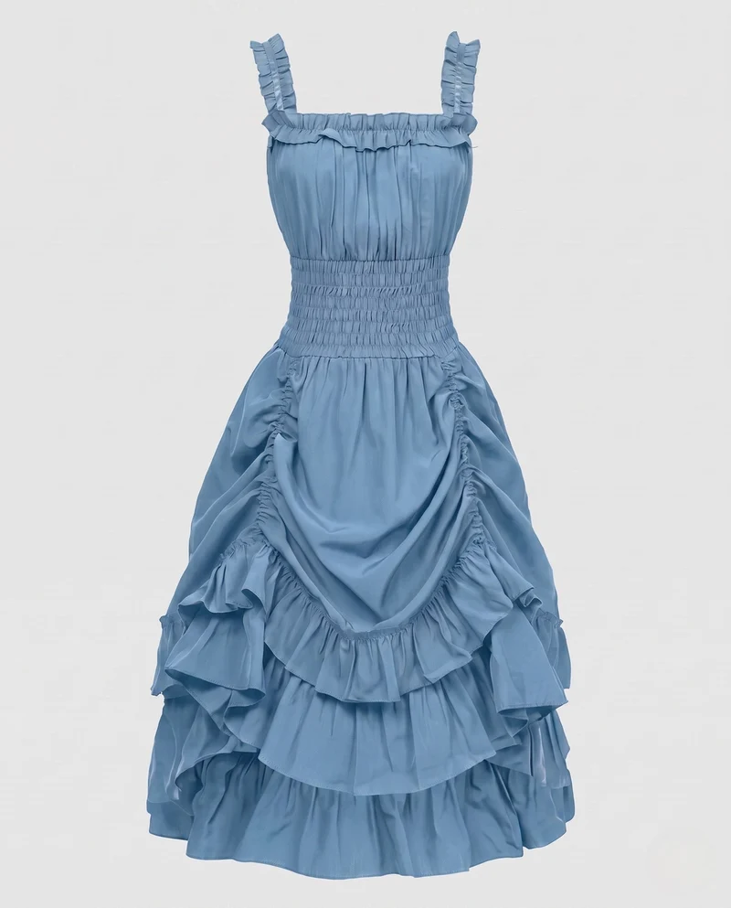 Damen Rüsch Maxi Kleid mit elastischem Oberteil und voluminösem Rock Nord Taschen