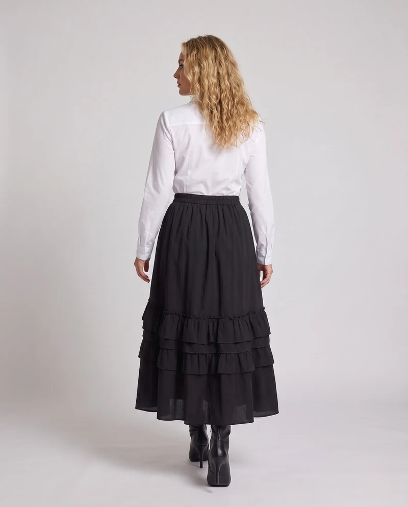 Damen Rüschenshirt mit voluminösem Maxikleid Nord Taschen