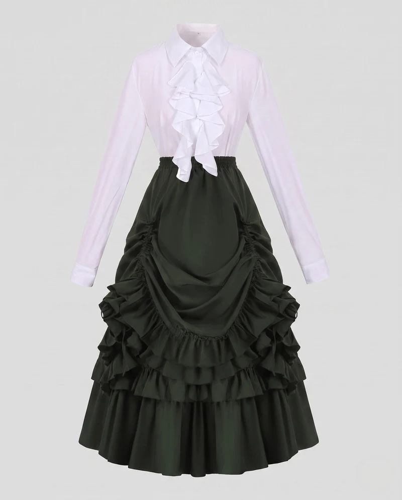 Damen Rüschenshirt mit voluminösem Maxikleid Nord Taschen