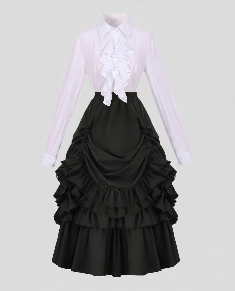 Damen Rüschenshirt mit voluminösem Maxikleid Nord Taschen