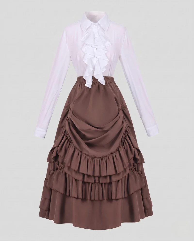 Damen Rüschenshirt mit voluminösem Maxikleid Nord Taschen