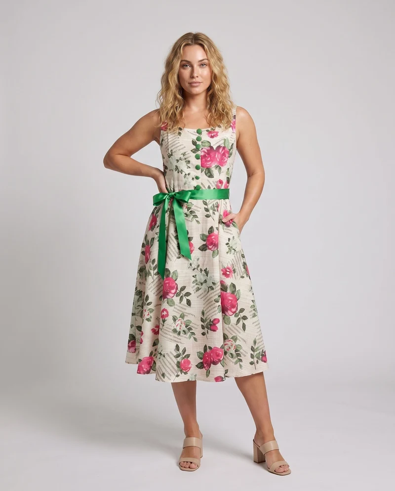 Damen A-Linien Kleid mit floralem Muster und Taillengürtel Nord Taschen