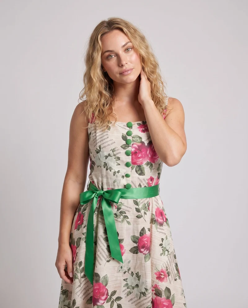 Damen A-Linien Kleid mit floralem Muster und Taillengürtel Nord Taschen