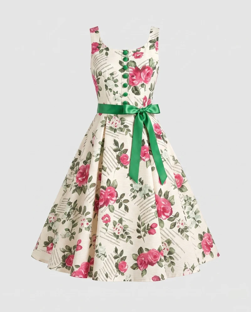 Damen A-Linien Kleid mit floralem Muster und Taillengürtel Nord Taschen