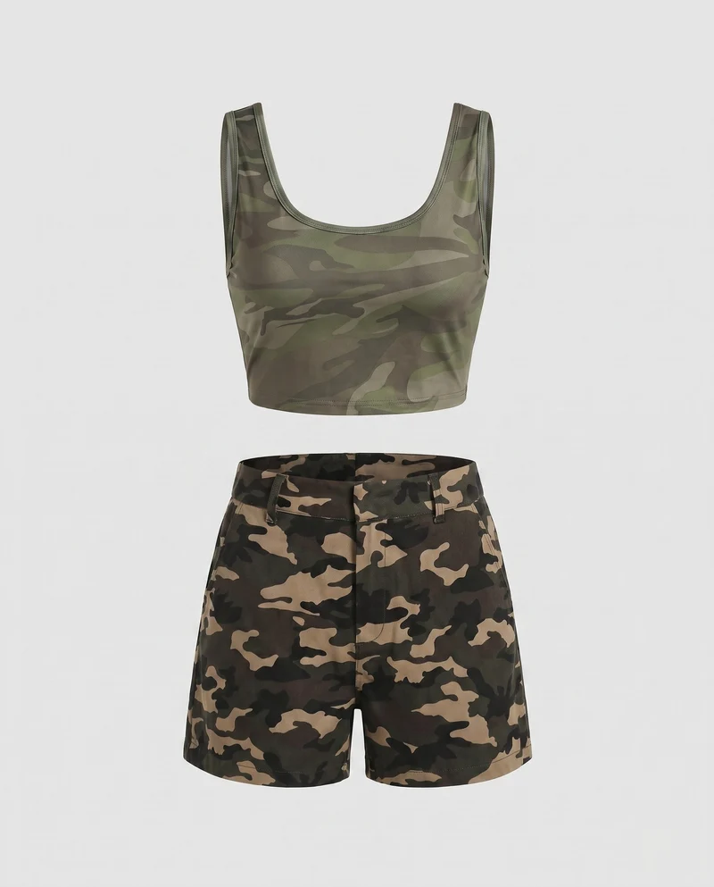 Damen-Camouflage-Outfit mit stylish Top und passender Shorts Nord Taschen