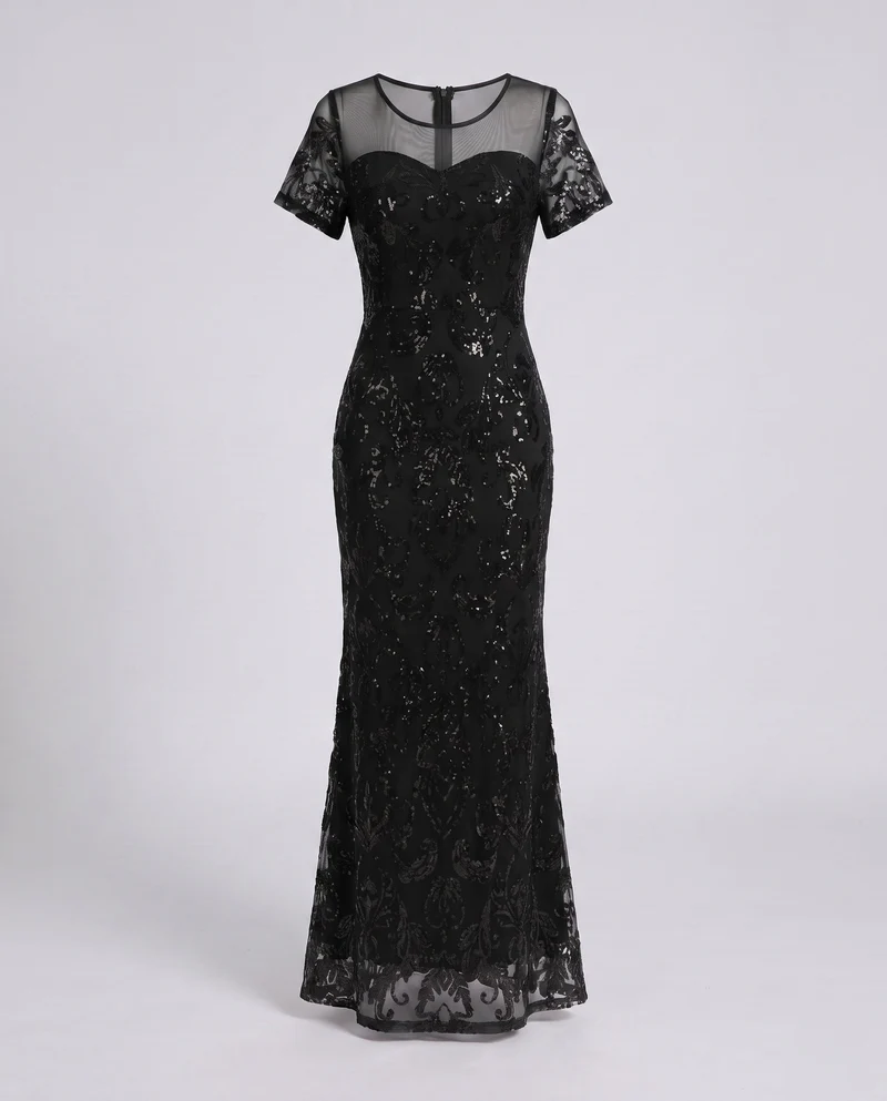 Frauen Elegante Maxi Kleid mit Funkelnder Spitze Look Nord Taschen