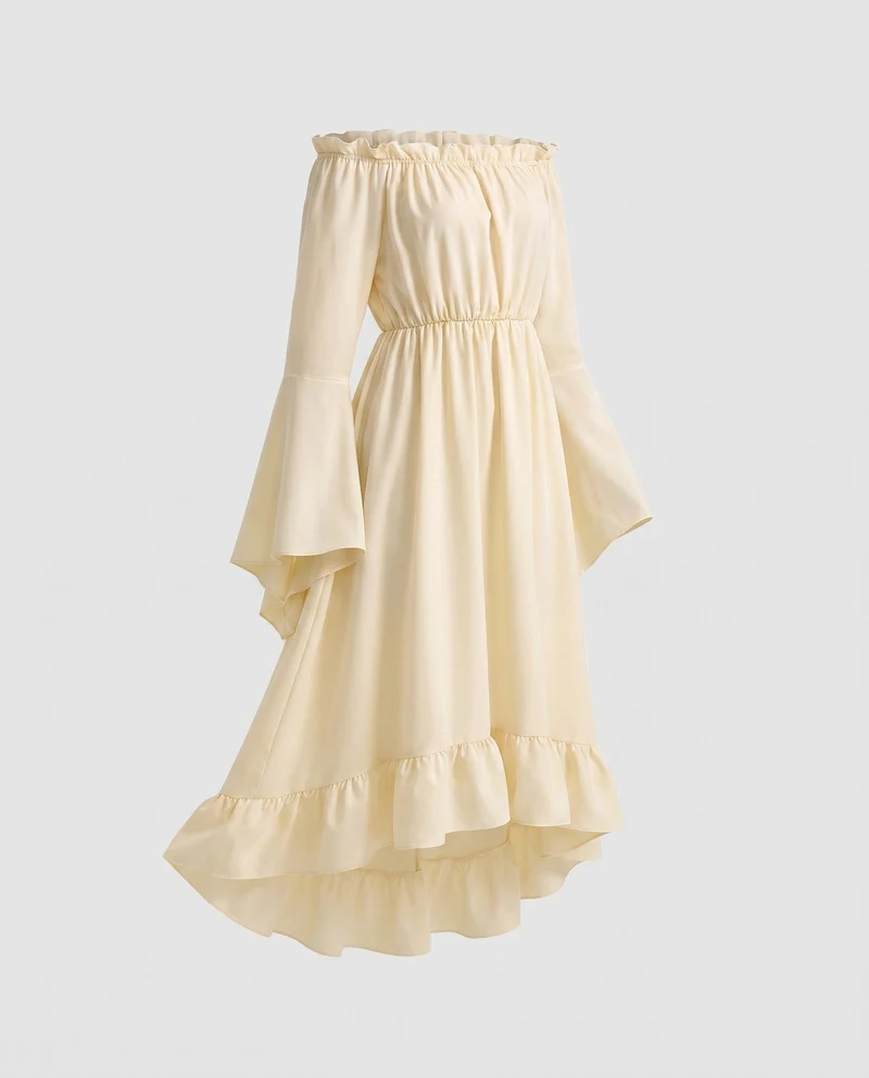 Damen Elegantes Maxikleid mit schulterfreiem Design und voluminösen Ärmeln Nord Taschen