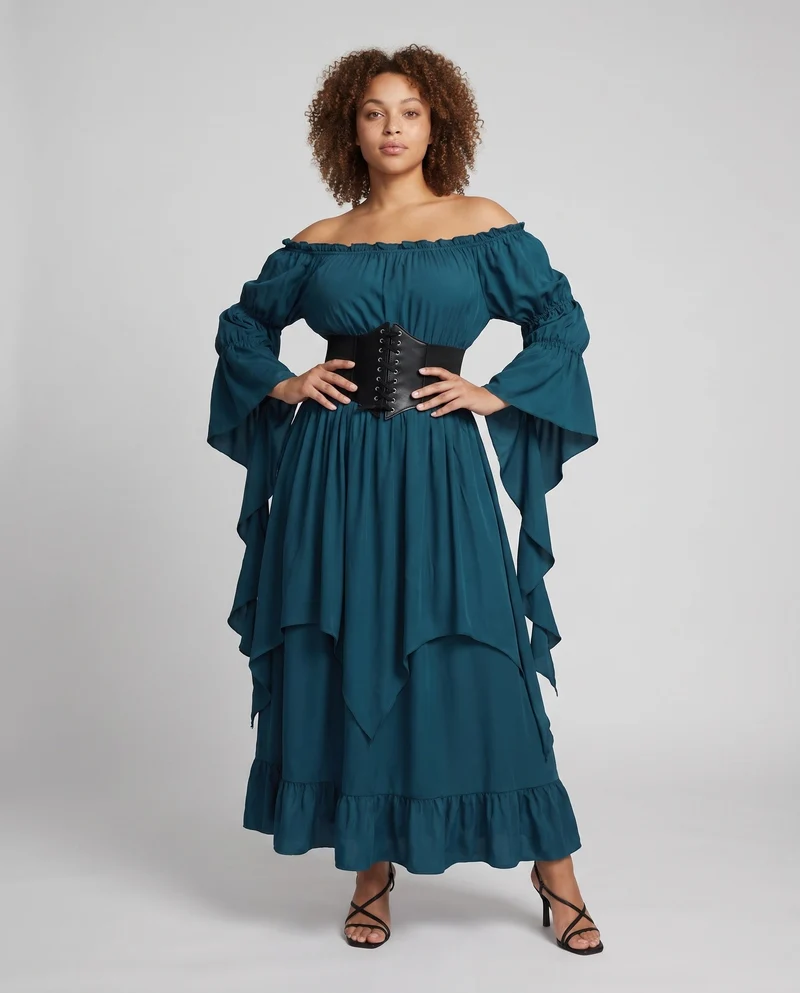 Frauen Elegantes und Schwungvolles Maxi Kleid mit Taillen Korsett Nord Taschen
