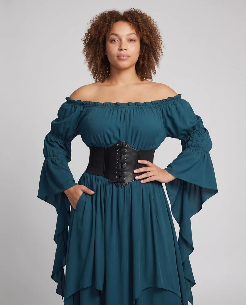Frauen Elegantes und Schwungvolles Maxi Kleid mit Taillen Korsett Nord Taschen