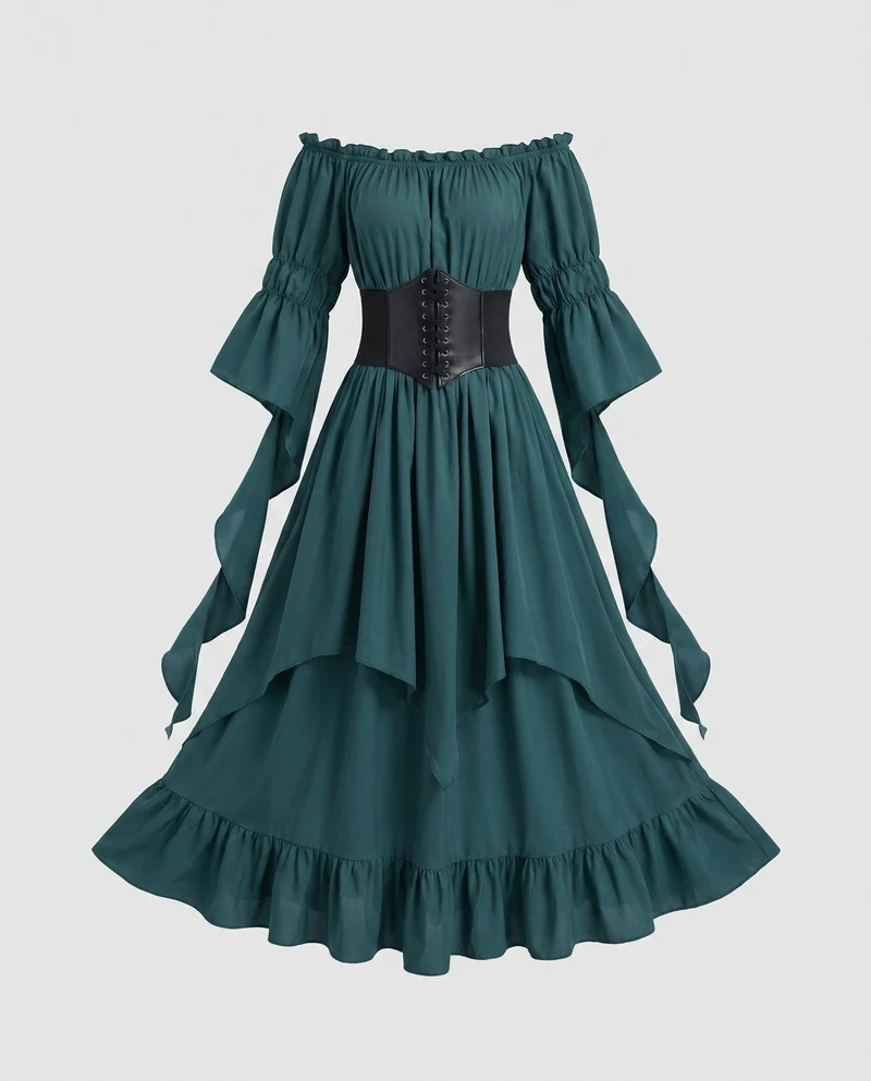 Frauen Elegantes und Schwungvolles Maxi Kleid mit Taillen Korsett Nord Taschen