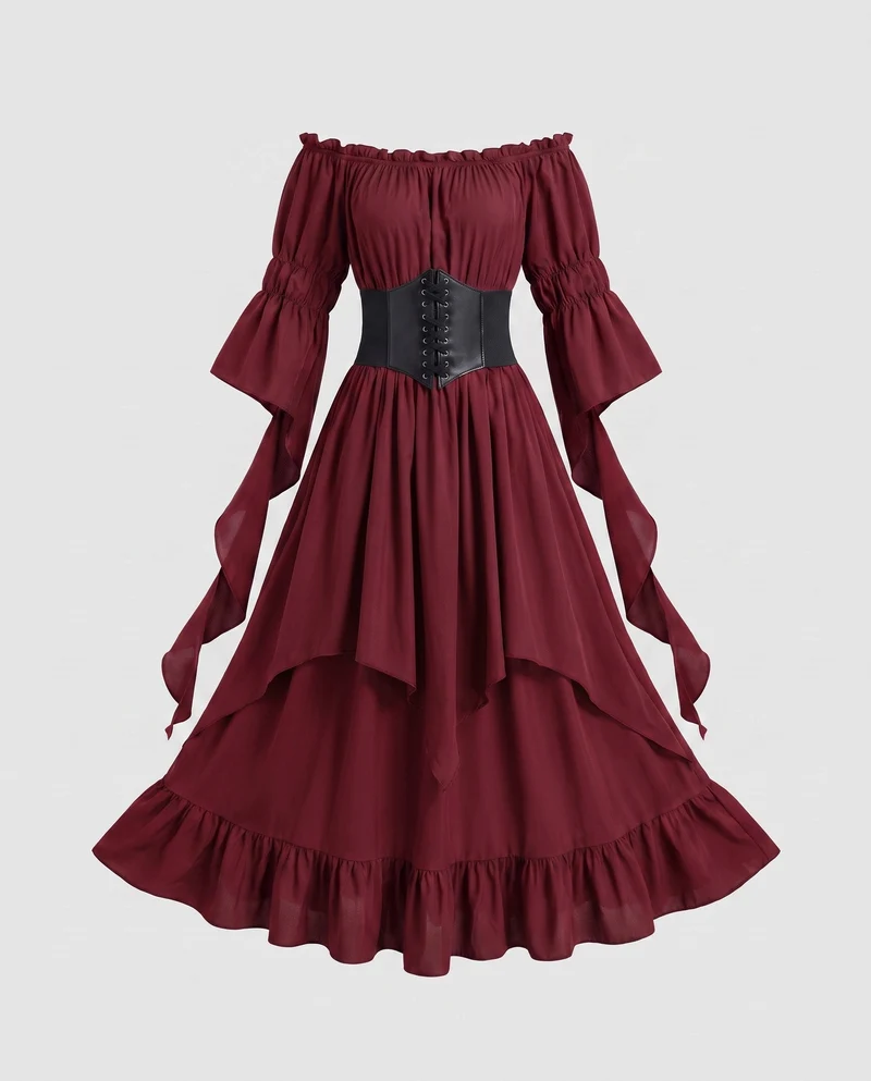 Frauen Elegantes und Schwungvolles Maxi Kleid mit Taillen Korsett Nord Taschen