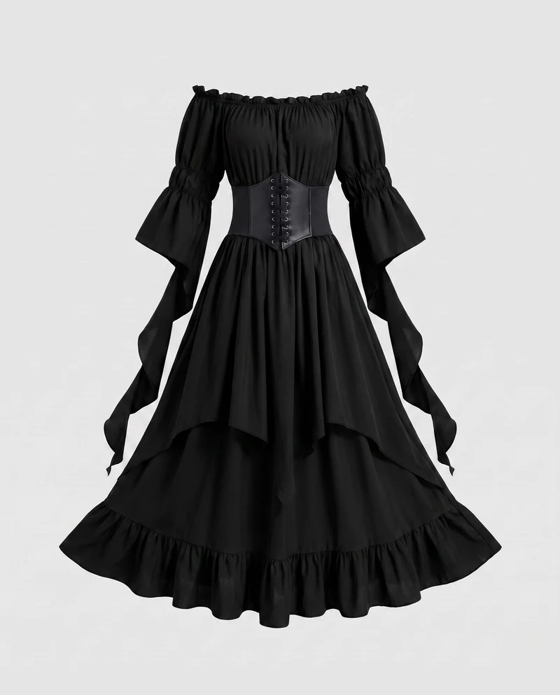 Frauen Elegantes und Schwungvolles Maxi Kleid mit Taillen Korsett Nord Taschen