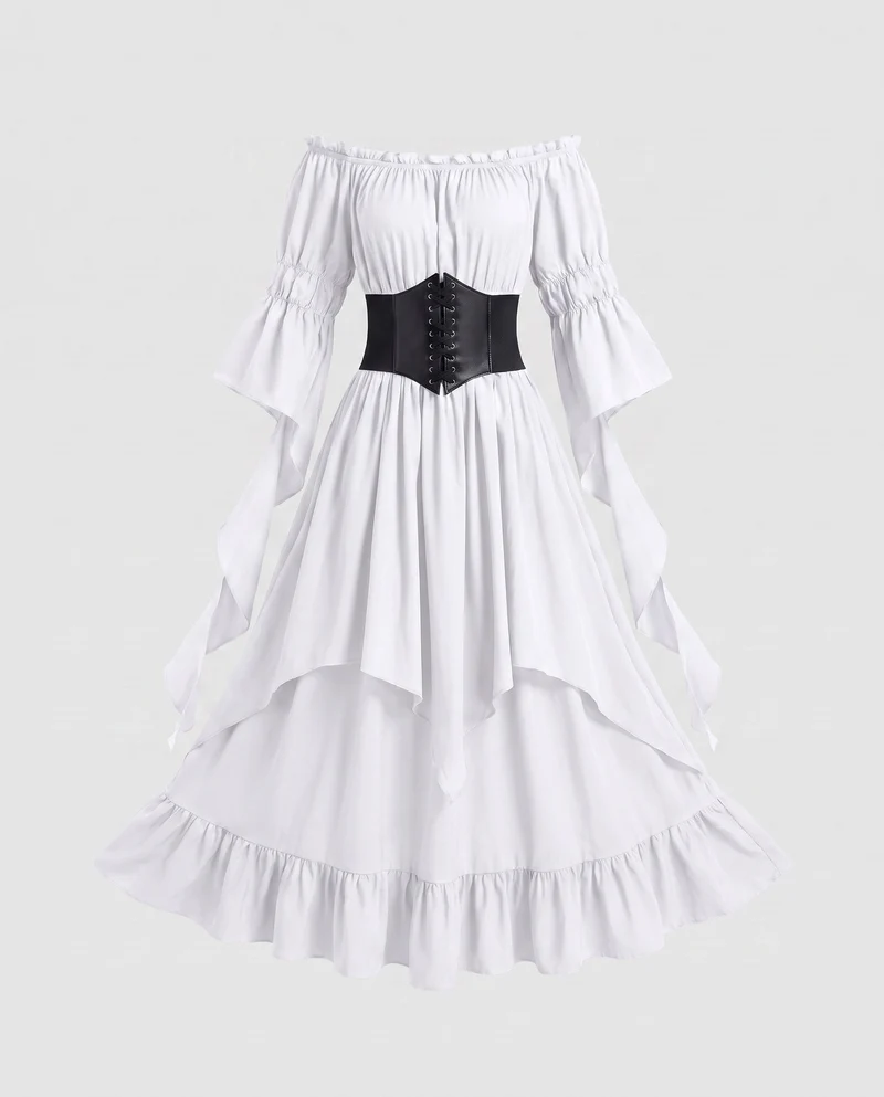 Frauen Elegantes und Schwungvolles Maxi Kleid mit Taillen Korsett Nord Taschen
