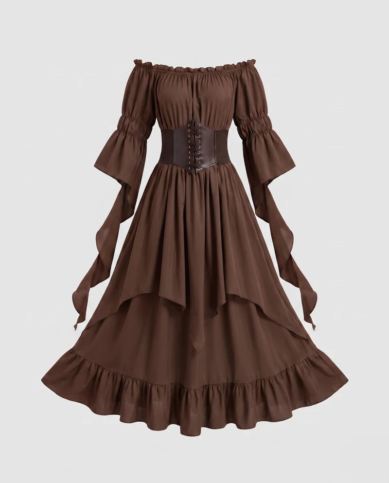 Frauen Elegantes und Schwungvolles Maxi Kleid mit Taillen Korsett Nord Taschen