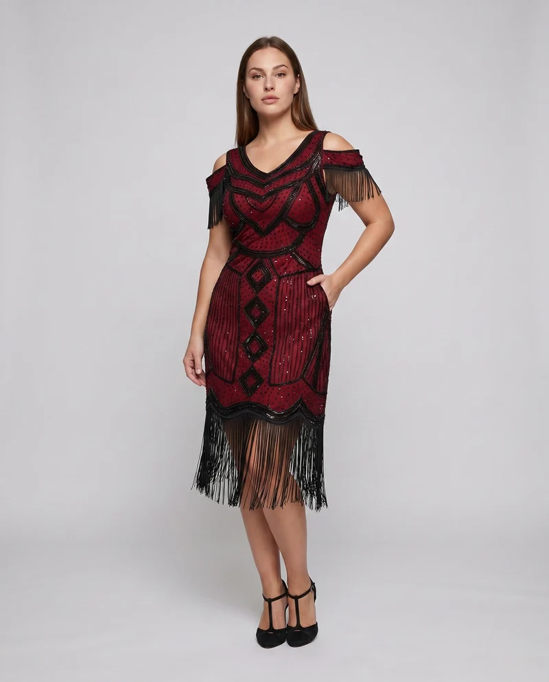 Damen Fransen Cocktailkleid mit glänzenden Pailletten Nord Taschen