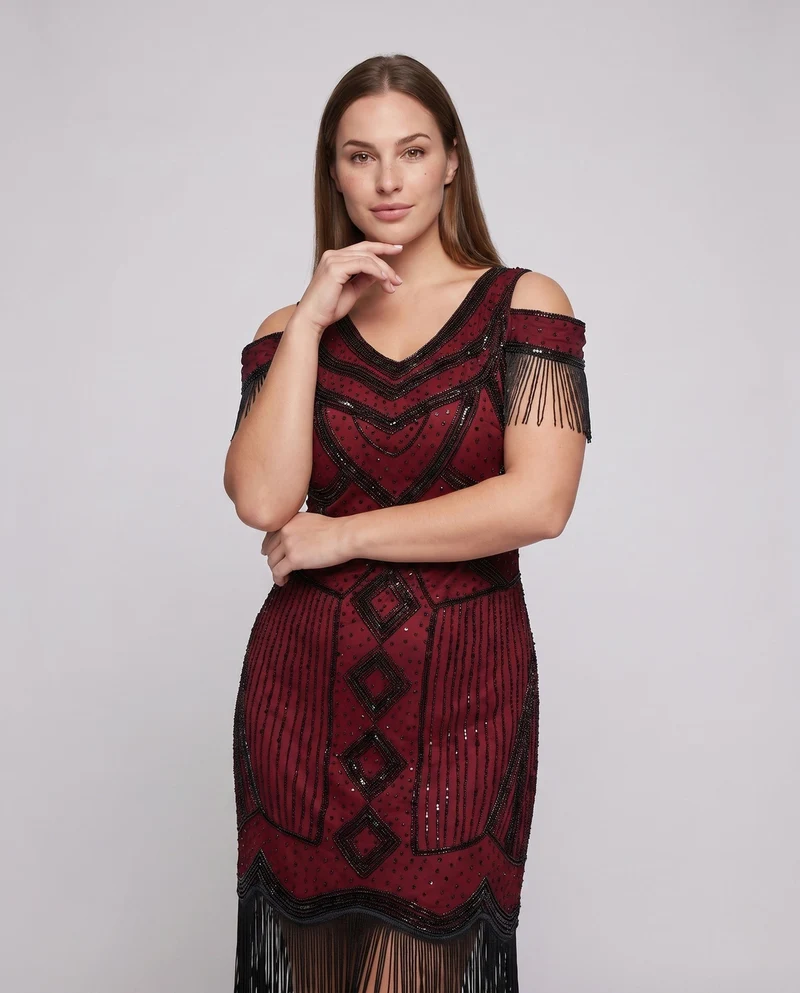 Damen Fransen Cocktailkleid mit glänzenden Pailletten Nord Taschen