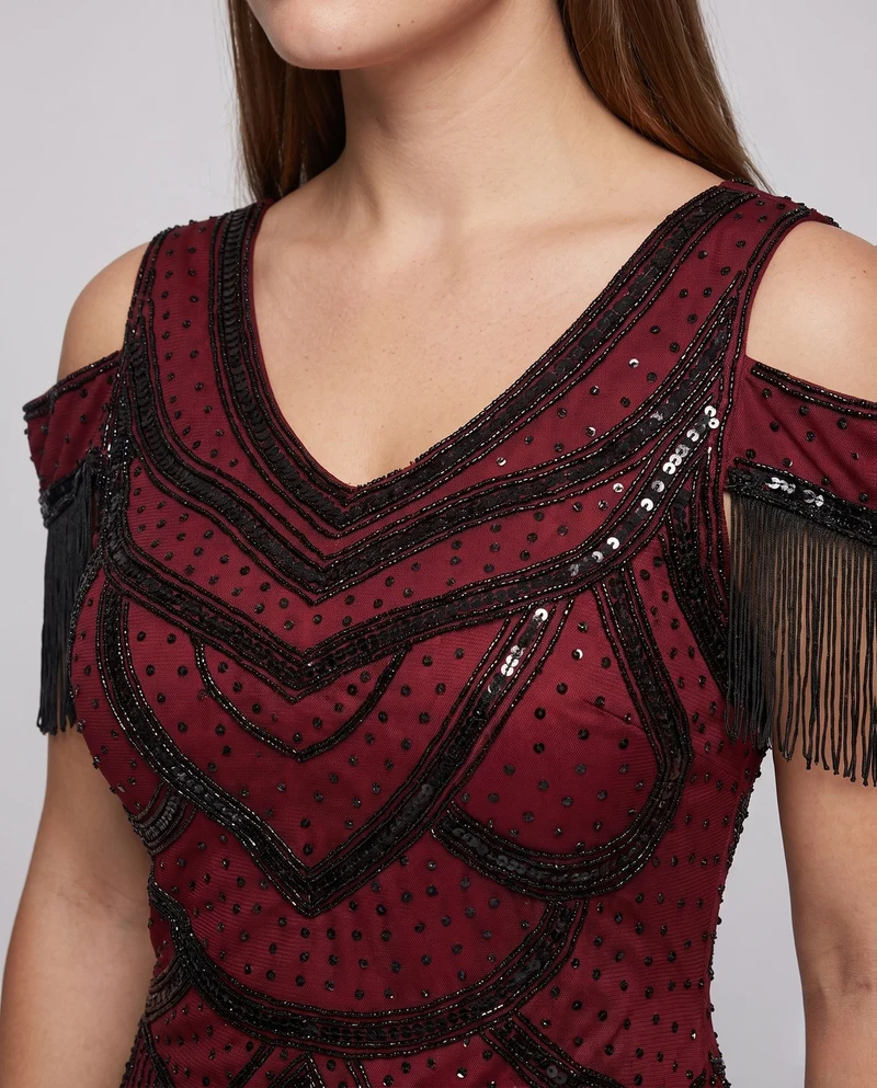 Damen Fransen Cocktailkleid mit glänzenden Pailletten Nord Taschen