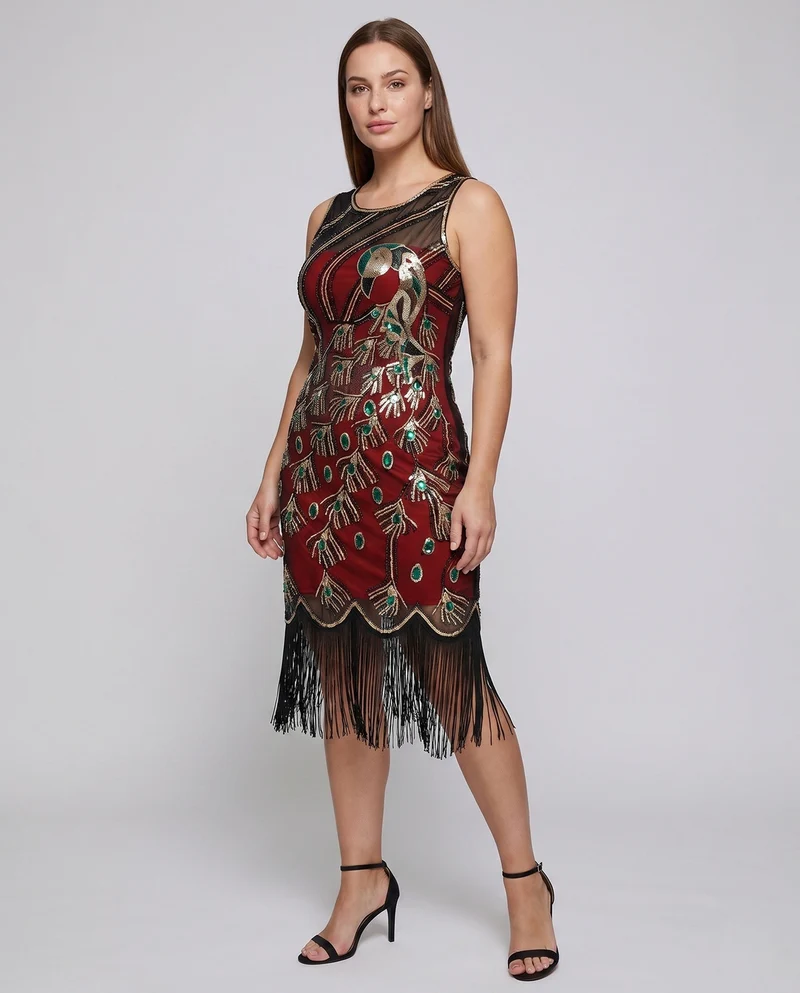 Damen Fransen Kleid mit glamourösen Pailletten und verzierten Details Nord Taschen
