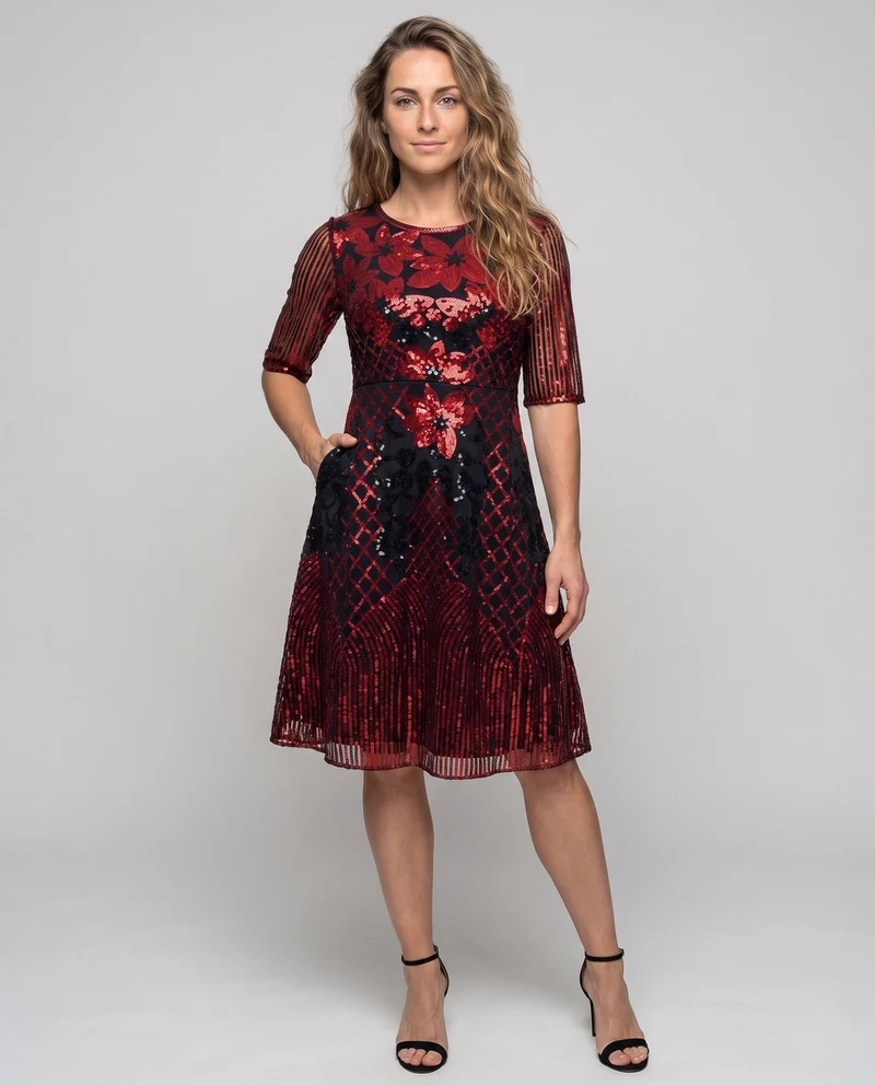 Damen Glitzerndes Floral Kleid mit eleganter Transparenz Nord Taschen