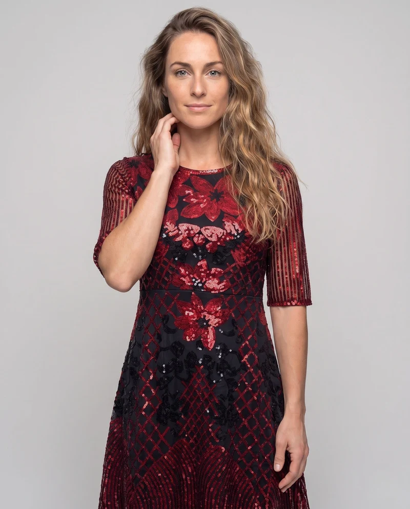 Damen Glitzerndes Floral Kleid mit eleganter Transparenz Nord Taschen