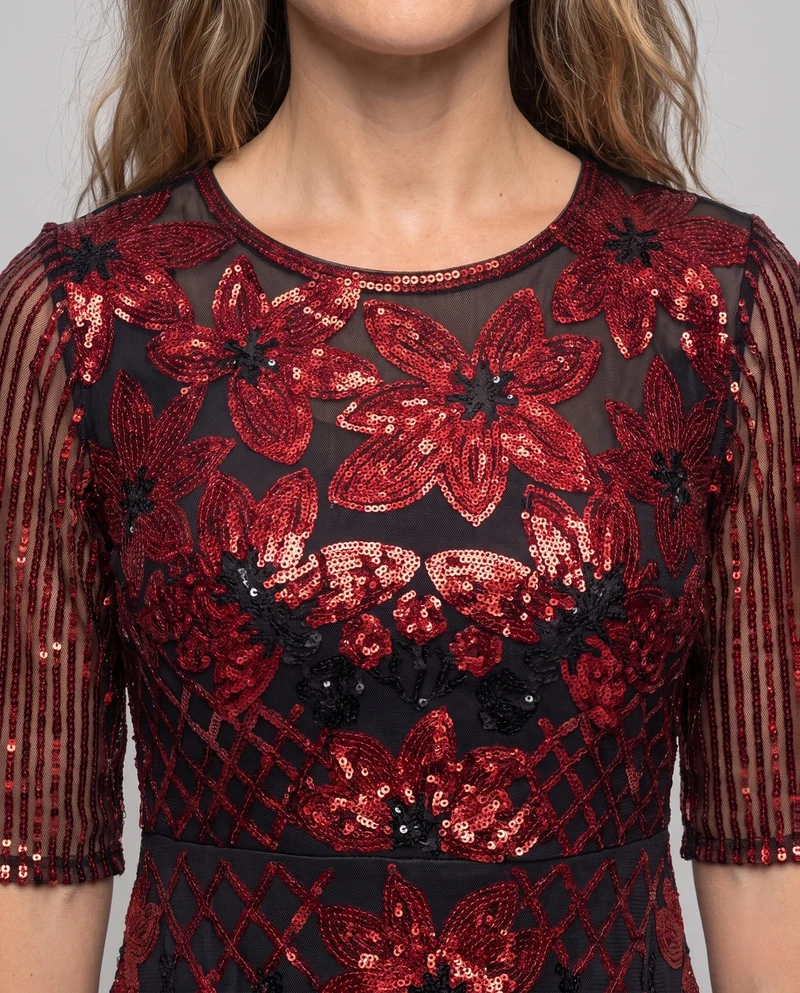 Damen Glitzerndes Floral Kleid mit eleganter Transparenz Nord Taschen
