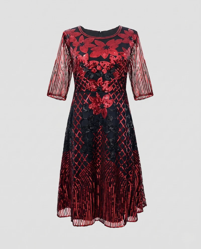 Damen Glitzerndes Floral Kleid mit eleganter Transparenz Nord Taschen
