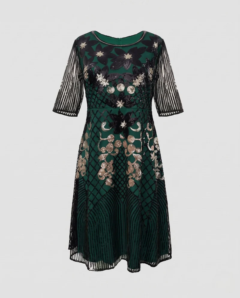 Damen Glitzerndes Floral Kleid mit eleganter Transparenz Nord Taschen