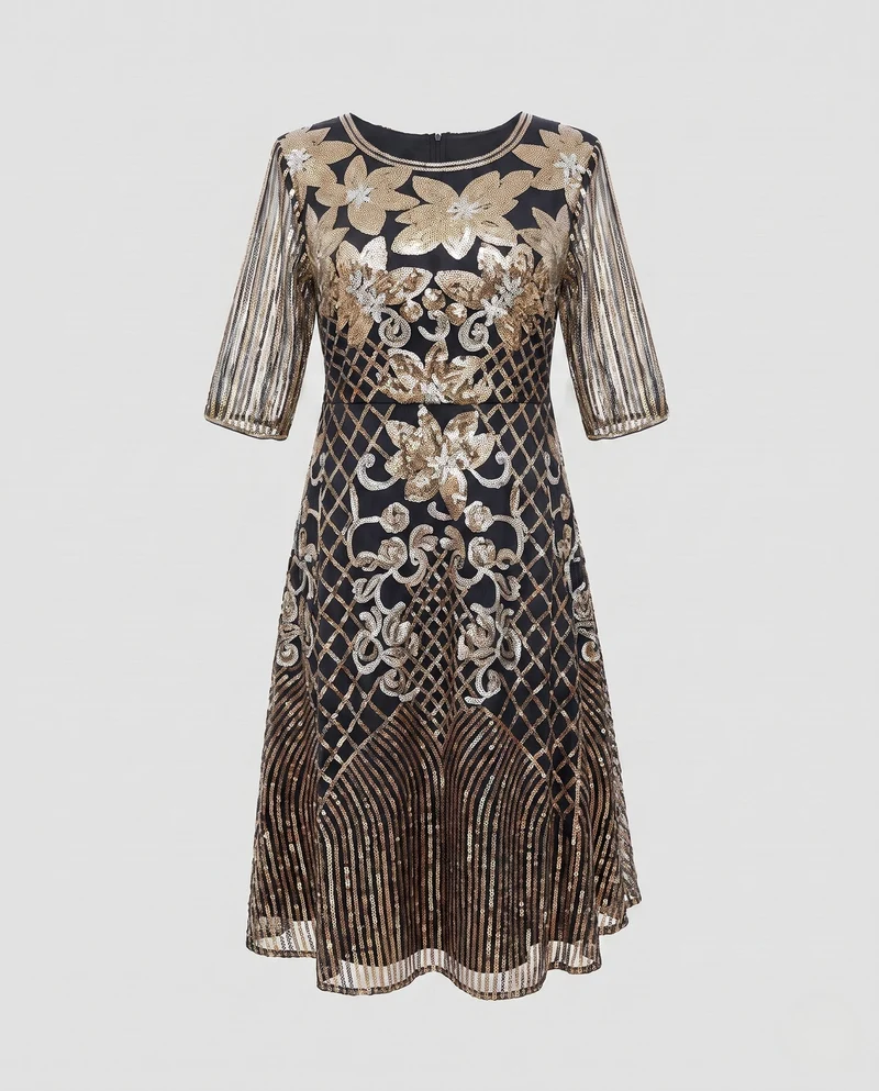 Damen Glitzerndes Floral Kleid mit eleganter Transparenz Nord Taschen
